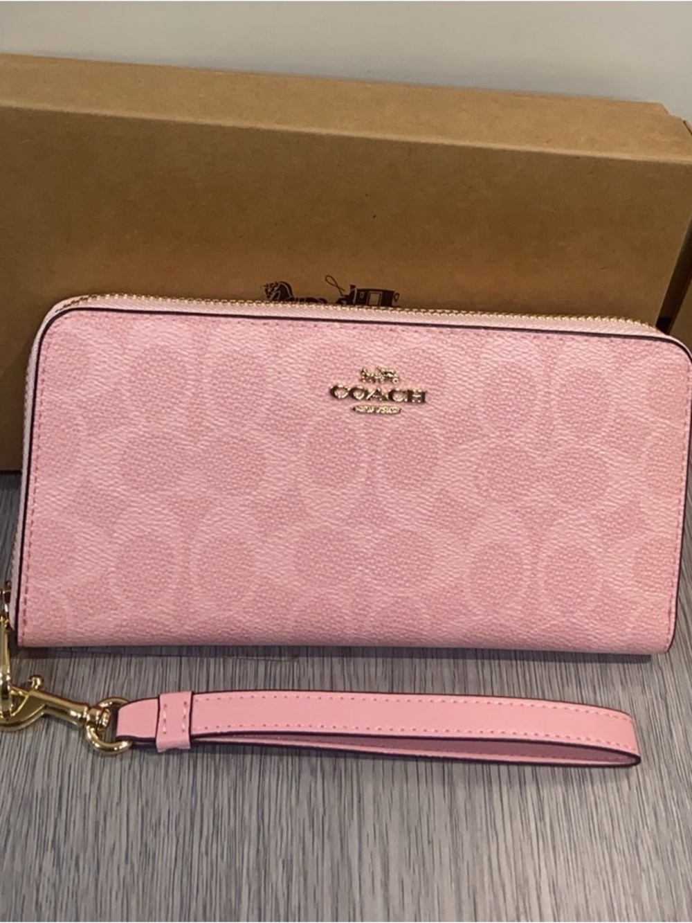 Coach Pink Signature Zip Around Wristlet Wallet